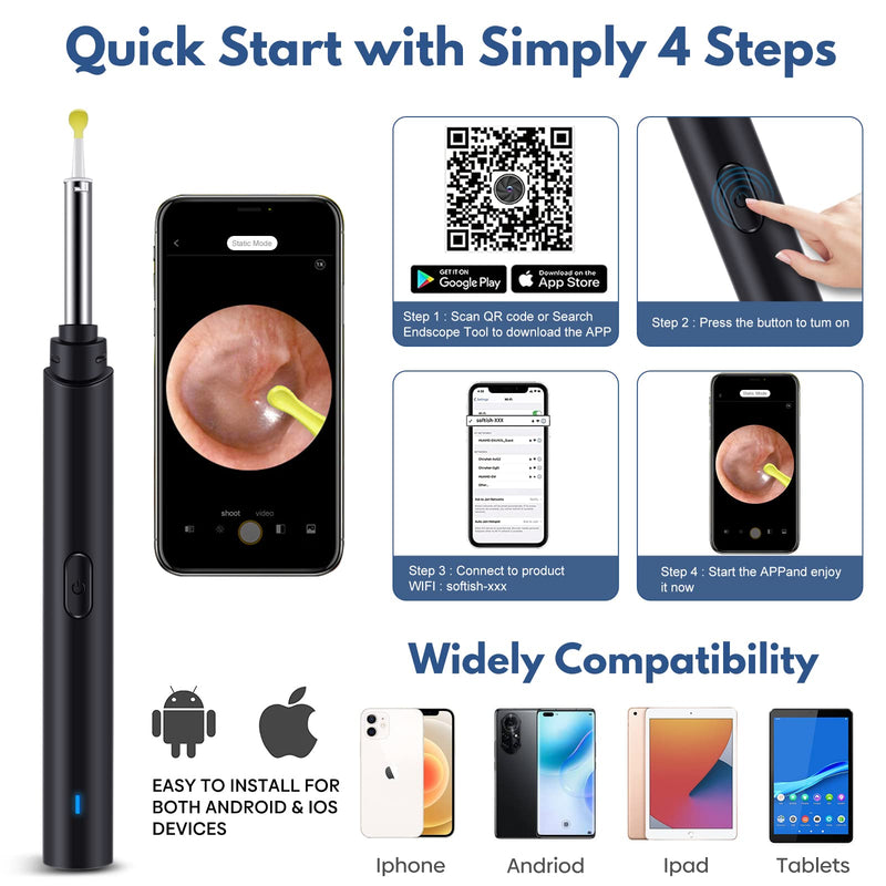 [Australia] - Ear Wax Removal, Hendoct Ear Cleaner Kit, Ear Wax Removal Tool with Camera, with 1080P HD Wireless Ear Otoscope with 6 LED Lights, for Adult, Kids and Pets, for iPhone, iPad, Android Smart Phone Ear picker kits 14pcs Black 