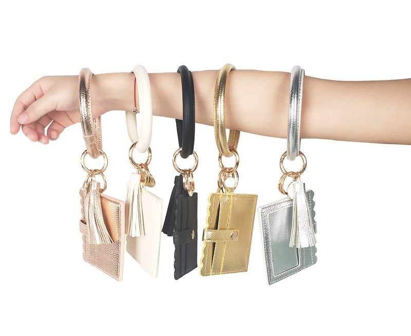 [Australia] - KraftyChix Wristlet Bracelet Keychain, ID Card Holder Purse with PU Leather Tassel Bangle Key Ring for Women Girls Black 