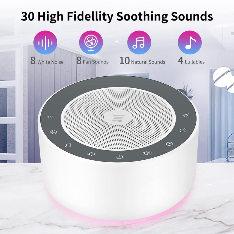 [Australia] - White Noise Machine with 30 High Fidelity Soundtracks, 7 Colors Night Lights, Full Touch Metal Grille and Buttons, Timer and Memory Features, Plug in, Sound Machine for Baby, Adults (White) White 