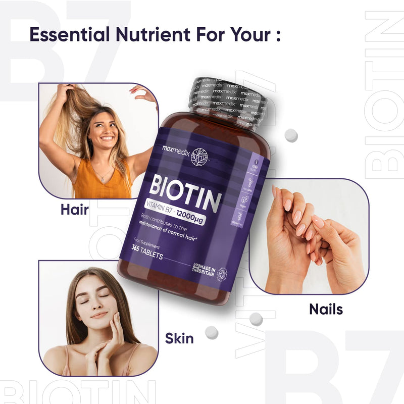 [Australia] - Biotin Hair Growth Supplement 12000mcg - 365 Vegan Biotin Tablets (1 Year Supply) - Hair Skin and Nails Vitamins for Women and Men � High Absorption D-Biotin - Made in The UK 