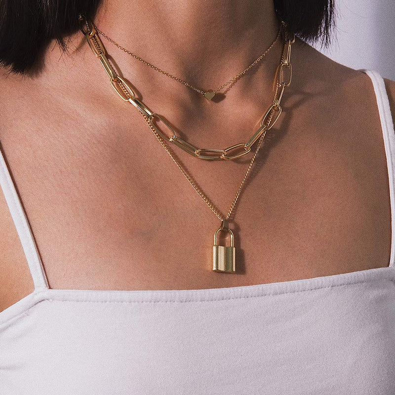 [Australia] - Krun Lock Necklace Y Pendant Simple Cute Heart Necklaces Long 3 Multilayer Chain Fashion Jewelry Women Girls Gift for Her Silver 