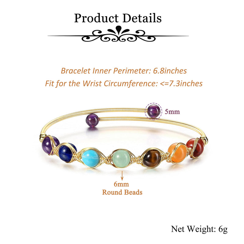 [Australia] - JSDDE 14K Gold Crystal Bangle Cuff Bracelet Healing Energy Gemstones Bead Open Bangle Bracelets Jewelry for Women 7 Chakra Crystals 