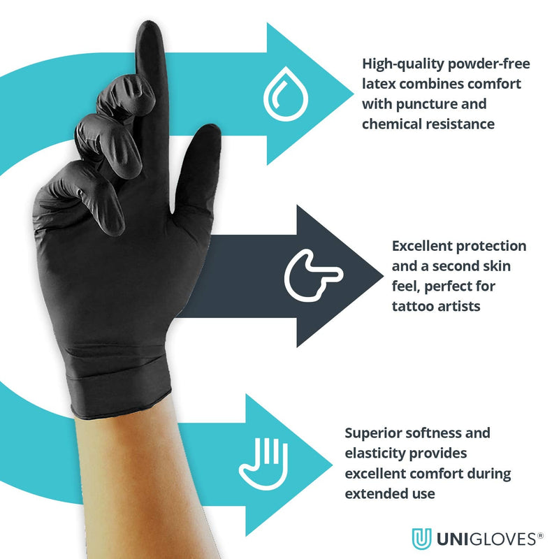 [Australia] - Unigloves Select Black Latex GT0021 Single Use Gloves - Multipurpose, Powder Free Disposable Gloves, Optimised for Tattoo/Piercing and Beauty, Box of 100 Pairs, Black XS (Pack of 100) 