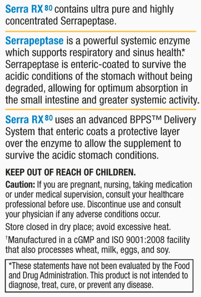 [Australia] - Serra-RX 80,000 SU Serrapeptase - Enteric Coated Proteolytic Systemic Enzyme, Non-GMO, Gluten Free, Vegan, Supports Sinus & Lung Health, 180 Veg Capsules 