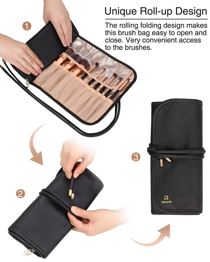 [Australia] - Relavel Makeup Brush Rolling Case Makeup Brush Bag Pouch Holder Cosmetic Bag Organizer Travel Portable Cosmetics Brushes Black Leather Case with Small Clear Bag 15 Slots 