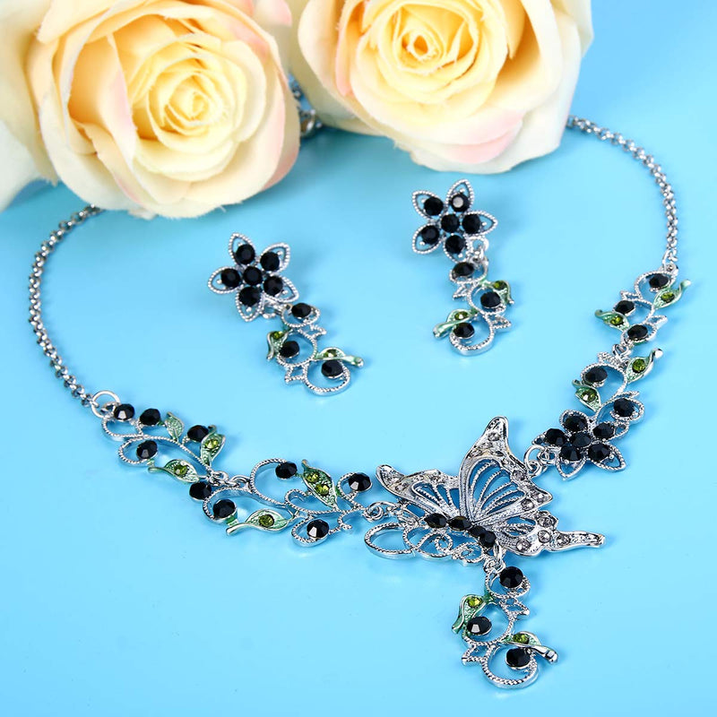 [Australia] - EleQueen Women's Austrian Crystal Butterfly Flower Leaf Necklace Earrings Sets Black 