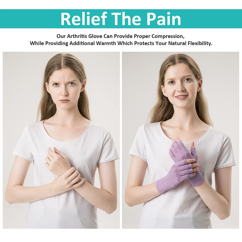 [Australia] - 2 Pairs Arthritis Compression Gloves for Relieve Rheumatoid Arthritis, Osteoarthritis, Carpal Tunnel, Joint Pain, Open Fingerless Gloves, Fit for Women and Men to Daily Work and Computer Typing (Purple, Medium) Purple 
