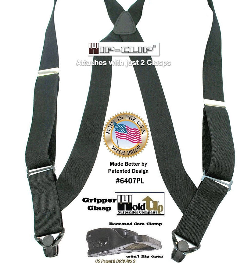 [Australia] - Hold-Up Black Hip-clip Style Suspenders 1 1/2" Wide with Patented Gripper Clasps 