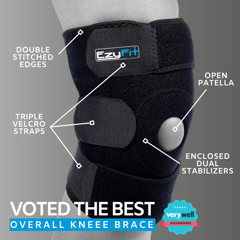 [Australia] - EzyFit Knee Brace Support For Arthritis, ACL, LCL, MCL, Sports Exercise, Meniscus Tear Injury Recovery - Side Stabilizers Open Patella - Best Comfort Fit Adjustable Neoprene Wrap - 3 Sizes Large - Most Popular Size Fits 14"-17" 