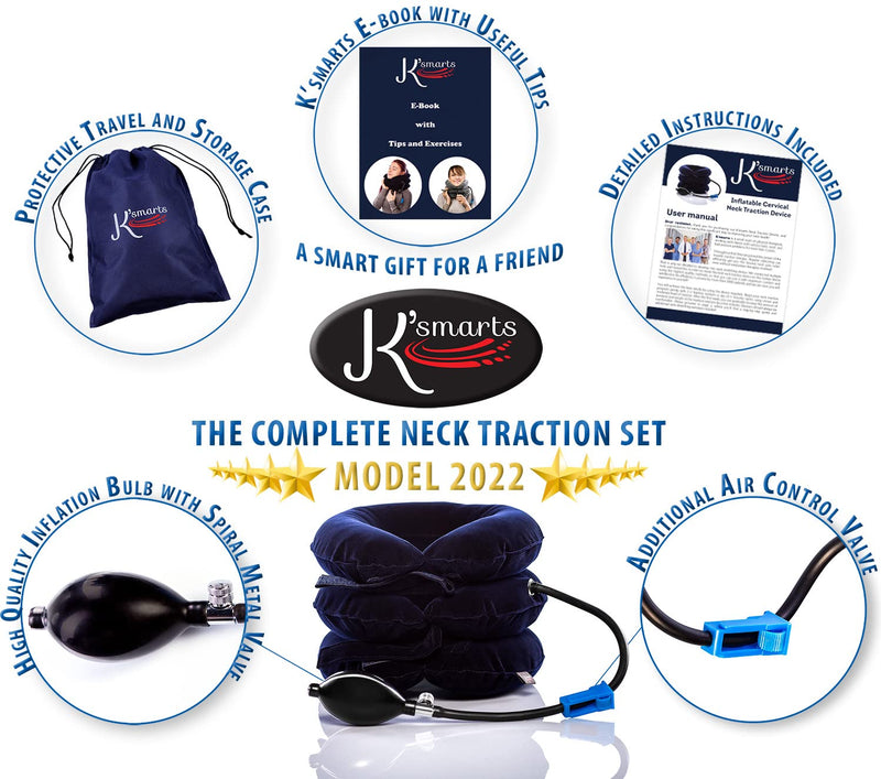 [Australia] - Pinched Nerve Neck Stretcher Cervical Traction Device for Home Pain Treatment | Inflatable Spinal Decompression Collar Unit Muscle Strain Injury Relief | Herniated Disc Problems Remedy Kit (Blue) Blue 