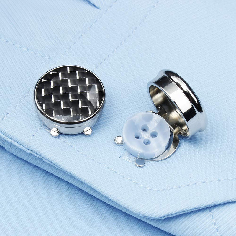 [Australia] - HAWSON Button Cover Cufflinks Finished in Round Carbon Fiber for Men's Normal Shirt black and silver 