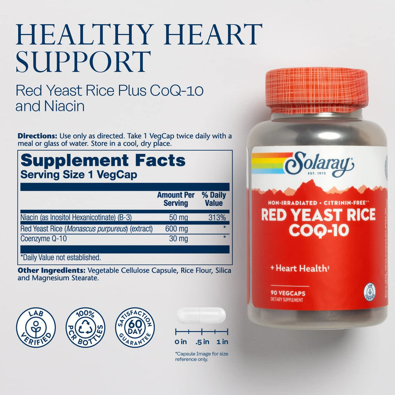 [Australia] - Solaray Red Yeast Rice Plus CoQ-10 & No-Flush Niacin Vitamin B-3, Healthy Heart & Cardiovascular Support, Non-Irradiated & Citrinin Free, 60 Day Money Back Guarantee, 90 Servings, 90 VegCaps 90 Count (Pack of 1) 