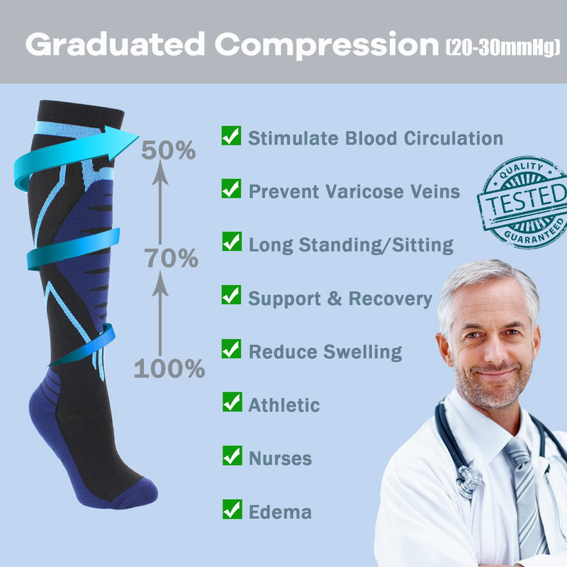 [Australia] - Keskale Compression Socks for Men & Women 20-30 mmHg, Knee High Cushioned Graduated Support Stockings for Medical, Athletic Large-X-Large 1pair-blue 