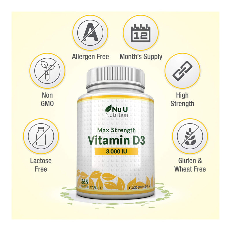 [Australia] - Vitamin D 3000 IU 365 Softgels (Full Year Supply) | Triple Strength Vitamin D3 Supplement | High Absorption Cholecalciferol | Gluten & Dairy Free by Nu U Nutrition 