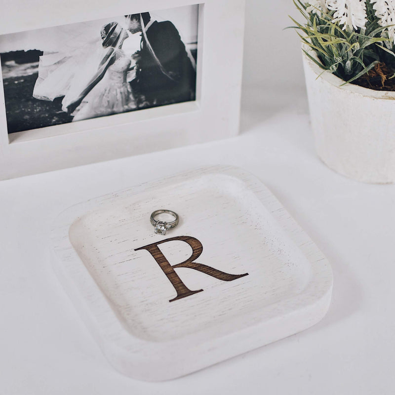 [Australia] - Solid Wood Personalized Initial Letter Jewelry Display Tray Decorative Trinket Dish Gifts For Rings Earrings Necklaces Bracelet Watch Holder (6"x6" Sq White "R") 6"x6" Sq White "R" 