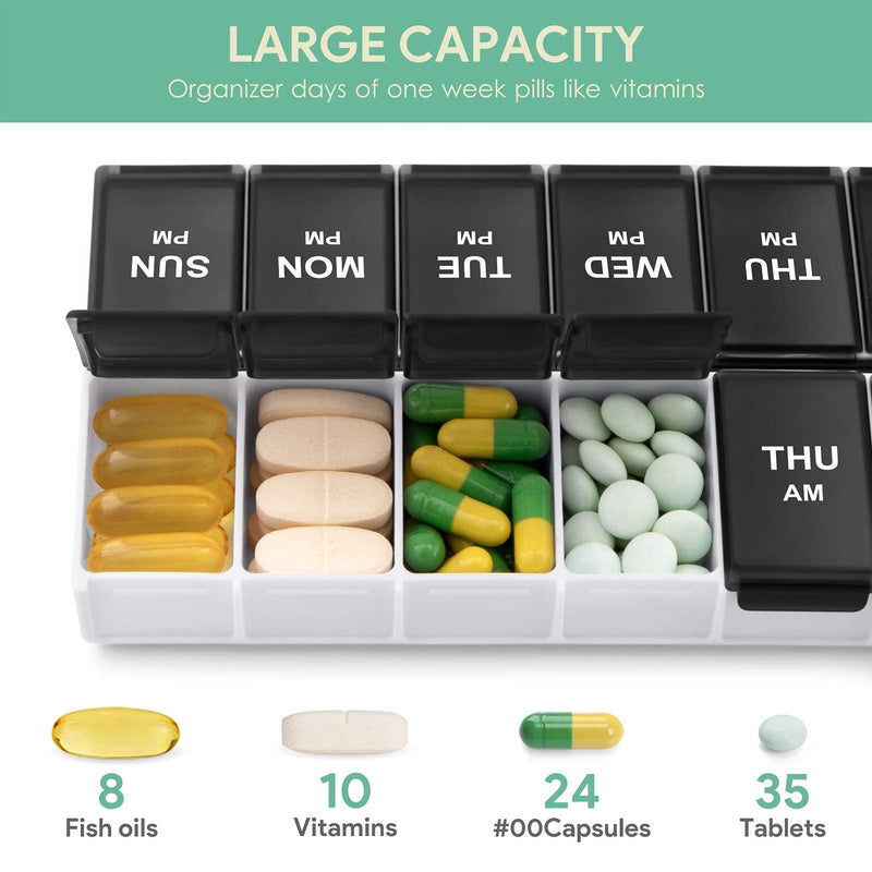 [Australia] - Amazon Brand – Eono Pill Organiser AM PM - Weekly 7 Day Pill Box Case with 14 Compartments for Morning Evening BPA Free Pill Case - Black 