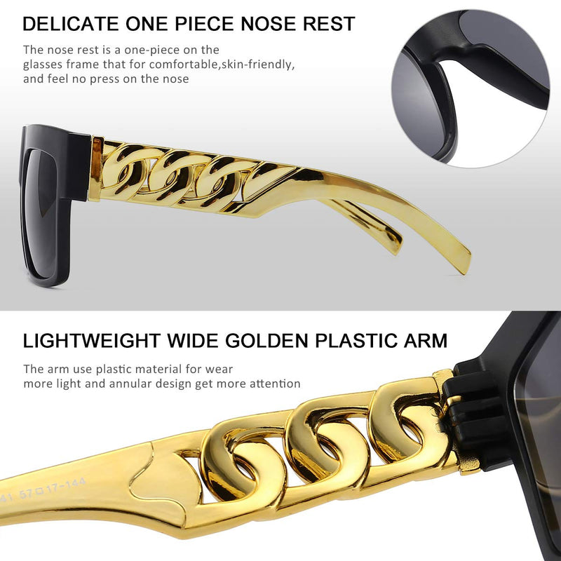 [Australia] - Golden Chain Arm Square Oversized Sunglasses Women Men Hip Hop Luxury Sunglasses Black 