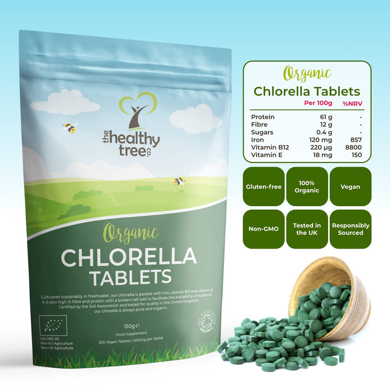 [Australia] - Organic Chlorella Tablets by TheHealthyTree Company - High in Vitamin B12 and E, Iron, Protein and Amino Acids - UK Certified Cracked Cell Wall Vegan Chlorella, 300 x 500mg (150g) 300 Count (Pack of 1) 