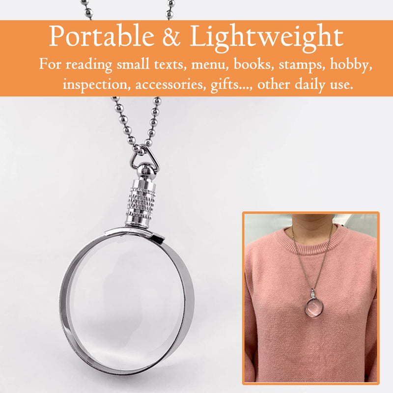 [Australia] - MAGDEPO 3X Necklace Magnifying Glass Stylish Silver Frame Reading Magnifier Pendant Accessories with Card Magnifiers for The Seniors and Elders 