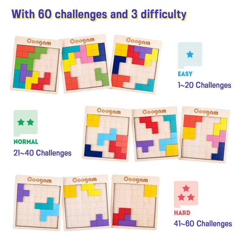 [Australia] - Coogam Wooden Puzzle Pattern Blocks Brain Teasers Game with 60 Challenges, 3D Russian Building Toy Wood Tangram Shape Jigsaw Puzzles Montessori STEM Educational Toys Gift for Kids Adults 