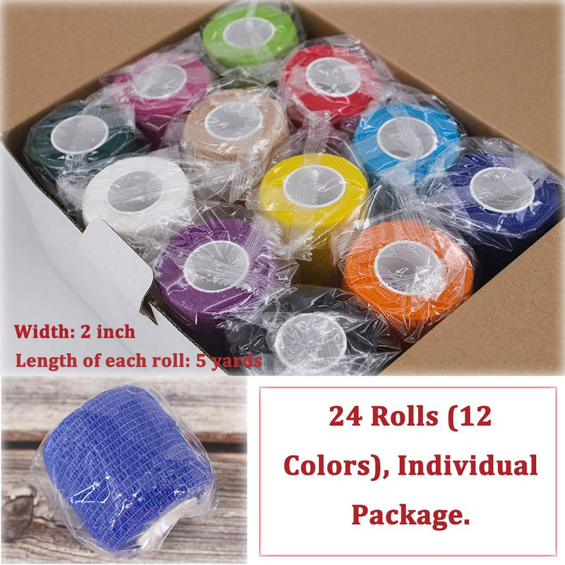 [Australia] - 24 Pack Breathable Self Adherent Wrap, Athletic Elastic Non Woven Cohesive Bandage – for Sports, First Aid Medical, Wrist, Ankle Sprains, Swelling and Vet Wrap 2 Inch 5 Yards (Rainbow Color). 