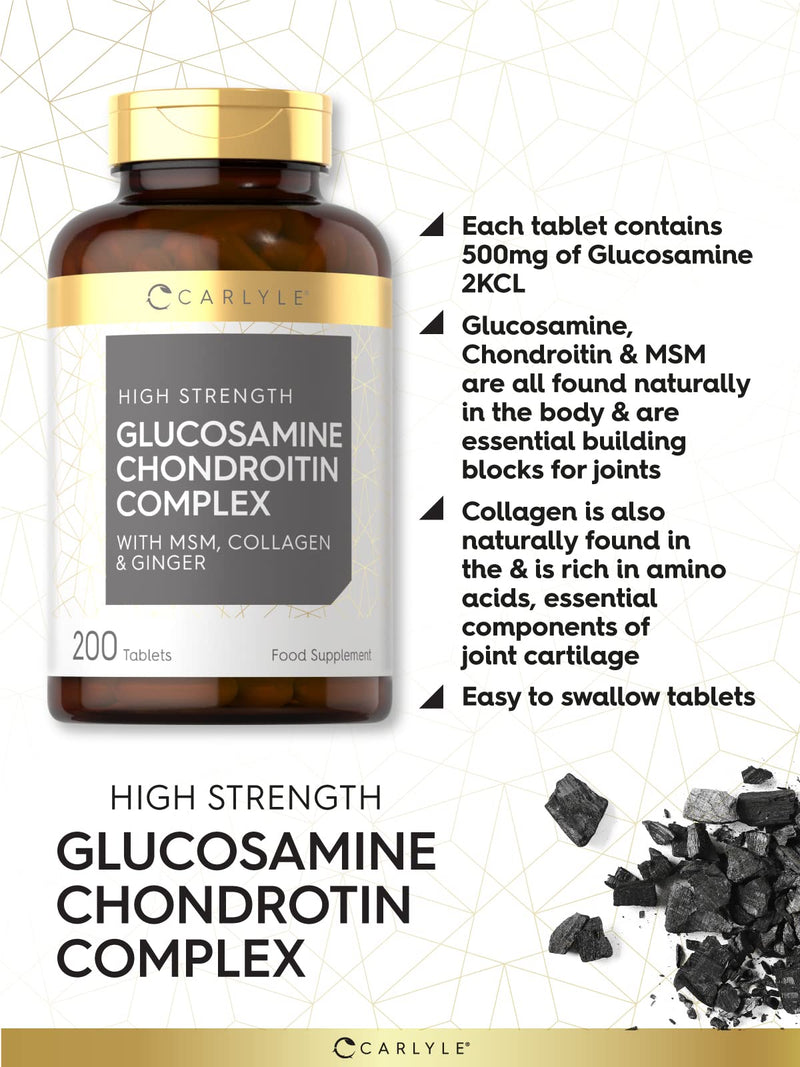 [Australia] - Glucosamine & Chrondroitin Complex | 200 High Strength Tablets | Enriched with MSM, Collagen, Ginger Root & Bioflavonoids | for Men & Women | by Carlyle 