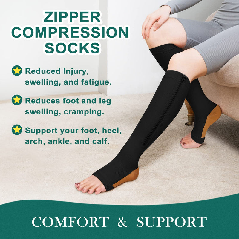 [Australia] - Copper Zipper Compression Socks -2 Pairs Calf Knee High Open Toe Support Stocking Compression Stocking… 01-black Large-X-Large 