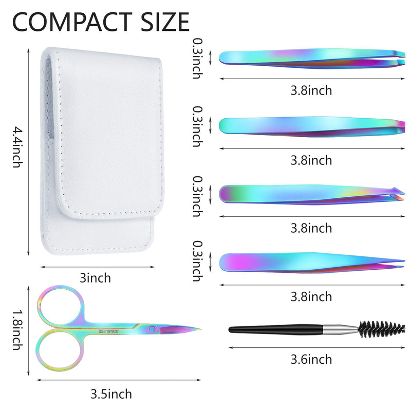 [Australia] - 6 Pieces Eyebrow Tweezers Set with Curved Scissors, Eyelash Brush Stainless Steel Brow Remover Tools for Women and Girls, Hair Plucking Daily Beauty Tool with Storage Case (Rainbow Color) Rainbow Color 