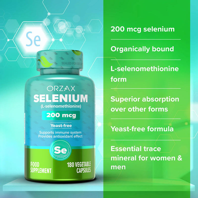 [Australia] - ORZAX Selenium, Helps Antioxidant & Immune Support System, Selenomethionine 200mcg, Thyroid Support* for Women and Men, Yeast and Dairy Free, 180 Vegetable Capsules (180 Day Supply) 