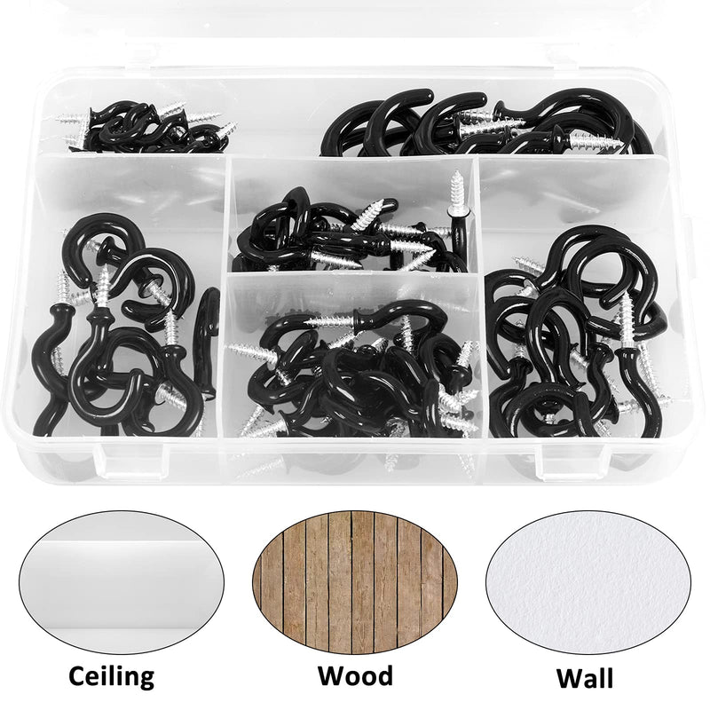 [Australia] - 90 Pcs Black Ceiling Hooks kit, 6 Sizes Vinyl Coated Screw-in Ceiling Hooks, Plant Hooks Kitchen Hooks Cup Hooks Ceiling Hooks for Hanging (1/2", 5/8",3/4",7/8",1'',1-1/4") 