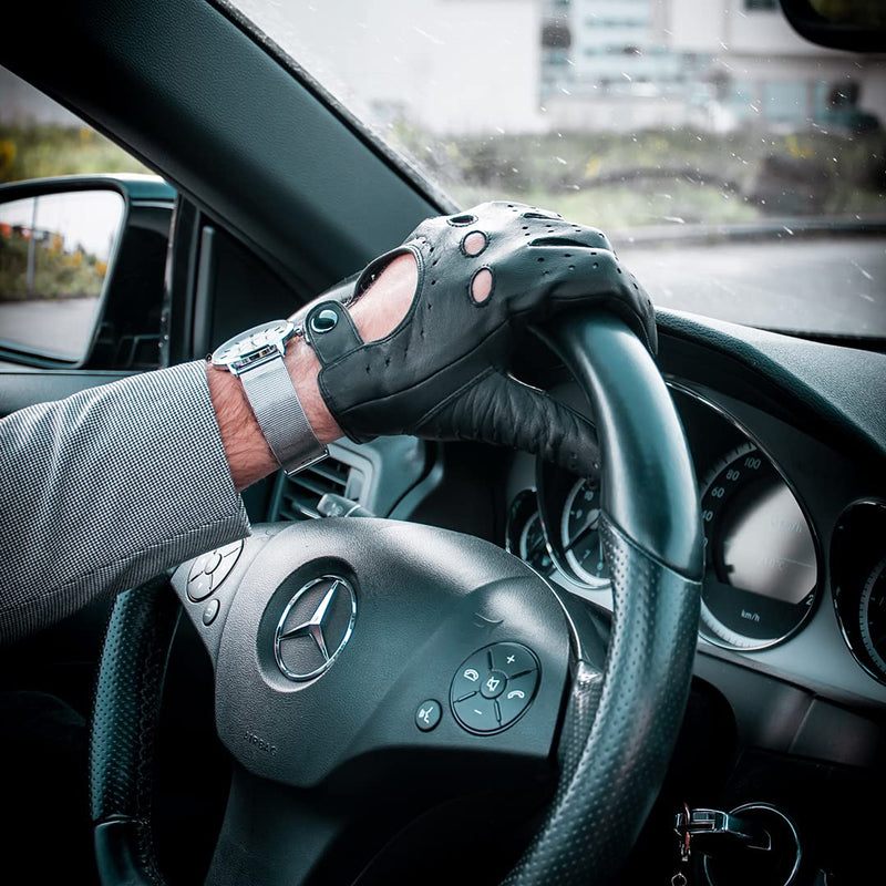 [Australia] - Harssidanzar Mens Lambskin Leather Driving Gloves GM026 X-Small(7.5-8") Black 