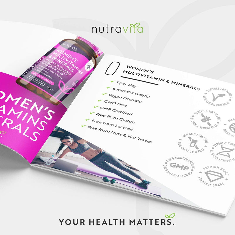 [Australia] - Women's Multivitamins and Minerals - 24 Essential Active Vitamins and Minerals with Added Hyaluronic Acid - 180 Vegan Tablets - No Synthetic Fillers or Binders - Made in The UK by Nutravita 