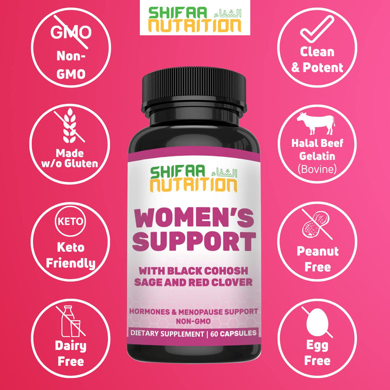 [Australia] - Hormones Balance & Menopause Supplements for Women, Menopause Relief - Support for Hot Flashes, Mood Swings w/Black Cohosh & Red Clover | SHIFAA NUTRITION | Halal Vitamins, 30 Servings 