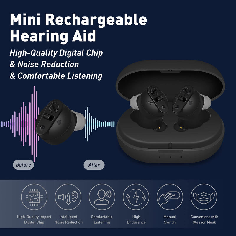 [Australia] - KOIKEY Digital Hearing Aid & Sound Amplifiers for Seniors，Mini Rechargeable Hearing Amplifier with Charging Case，In-Ear Earbuds with Noise Reduction and Sound Enhancement，Volume Control Easy (Black) 