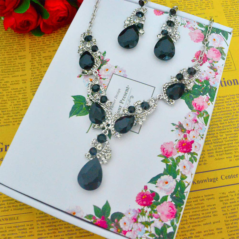 [Australia] - Ruoling Women's Wedding Bridal Crystal Multi Teardrop Cluster Statement Necklace Dangle Earrings Set Black 