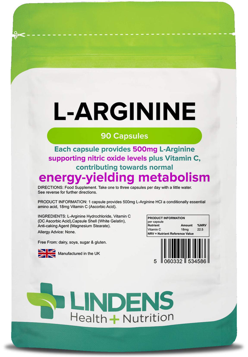 [Australia] - Lindens L-Arginine 500mg Capsules - 90 Pack - an Amino Acid Supplement in an Easy to Swallow, Rapid Release Capsule - UK Manufacturer, Letterbox Friendly 
