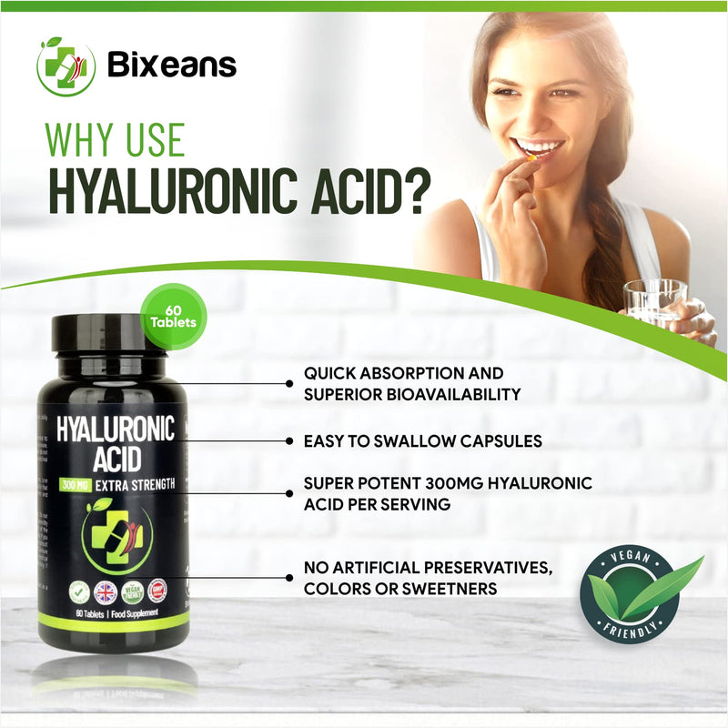 [Australia] - Bixeans Extra Strong Hyaluronic Acid 300milligram - 60 Tablets - 300% Strong - Suitable for Vegan and Vegetarian - HA36 