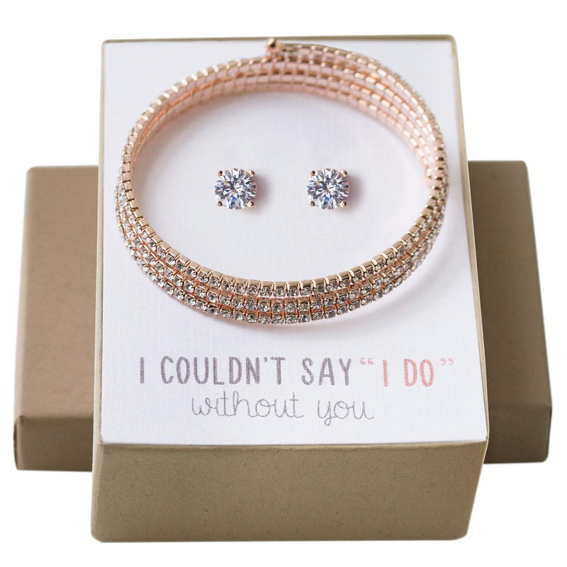 [Australia] - A+O Wedding Jewelry Bridesmaid Jewelry, Pearl Bangle Bracelet in Silver, Gold or Rose Gold Bracelet + Earrings, Rose Gold 