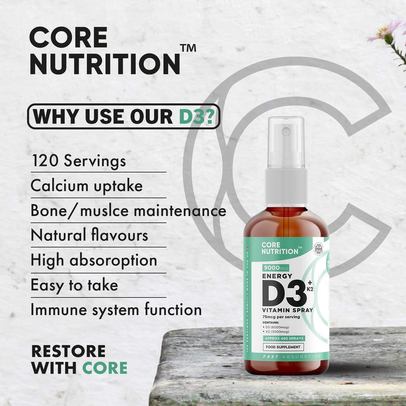 [Australia] - Core Vitamin D3 K2 Spray | 2000iu (50mcg) Vitamin D3 + 25mcg Vitamin K2 (MK7) High Strength | 60ml for 120 Day Supply | 100% Vegan | Natural Orange Vitamin D Spray by Core Nutrition 