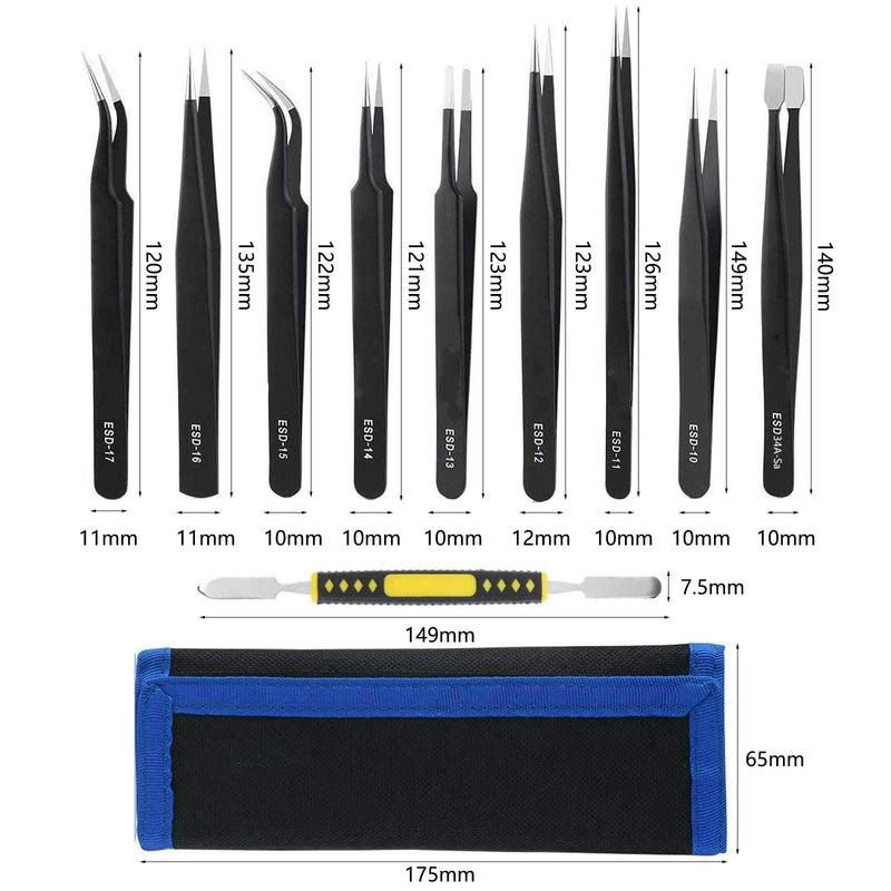 [Australia] - VEGCOO Tweezers Kit, 10 Pieces Precision Anti-Static Tweezers Set, Stainless Steel Tweezers for Electronics, Craft, Jewellery, Laboratory and Detailed Work 