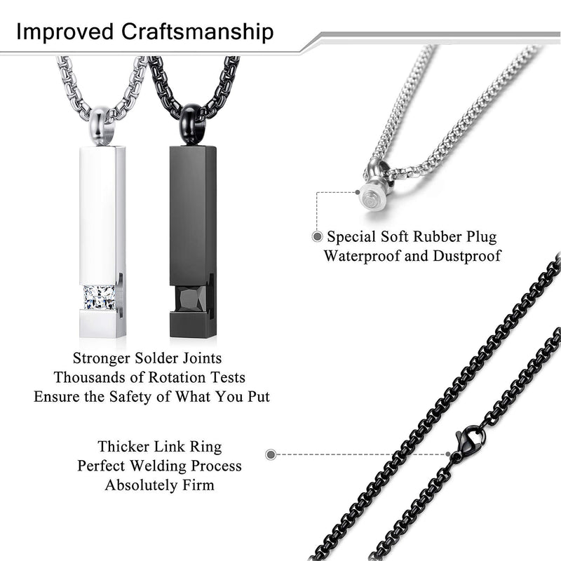 [Australia] - Milacolato 2 pcs Cremation Urn Pendant Necklace for Memorial Black Stainless Steel with CZ Necklace Ashes Jewelry Keepsakes Necklace Set Black&White 