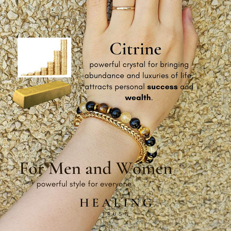 [Australia] - Healing Trust Citrine Crystal Bracelet, Tiger Eye, Feng Shui Black Obsidian Wealth Bracelet for Women and Men, Hematite Spacers, Prosperity Money Luck Bracelet, Business Entrepreneur Goals 