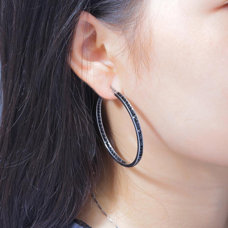[Australia] - CiNily Mult-colors Crystal Stainless Steel Hoop Earring for Women Hypoallergenic Jewelry for Sensitive Ears Large Big Hoop Earrings 2" Black 
