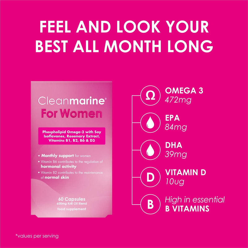 [Australia] - Cleanmarine for Women - Unique All in One Highly Absorbable Omega 3, Rosemary Oil and Soy Isoflavones - Added Vitamin B1, B2, B6 and D3 - Hormonal Support - 60 Capsules 60 Count (Pack of 1) 
