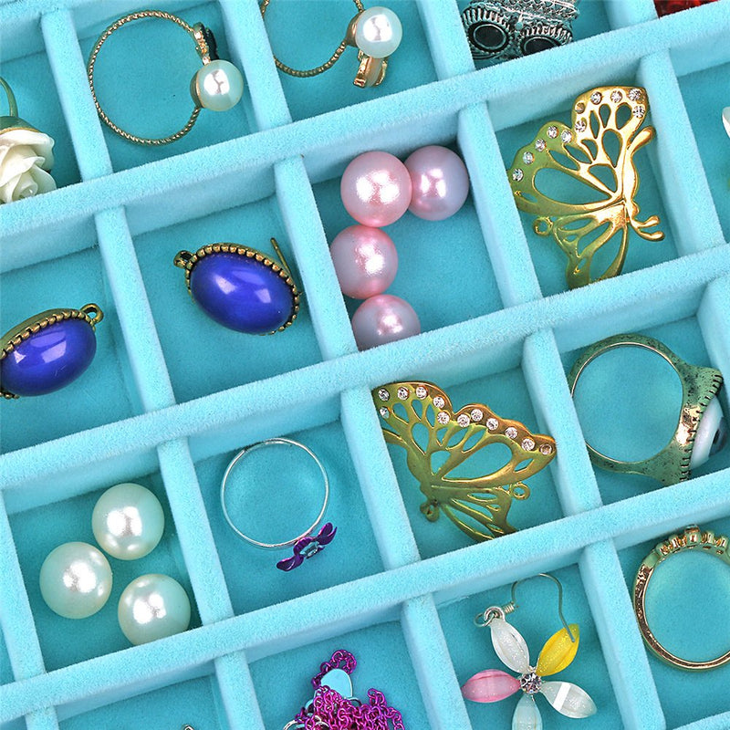 [Australia] - LANTWOO 24 Grids Velvet Glass Ring Earrings Jewelry Box Earrings Organiser Storage Holder Display Case Light Blue 