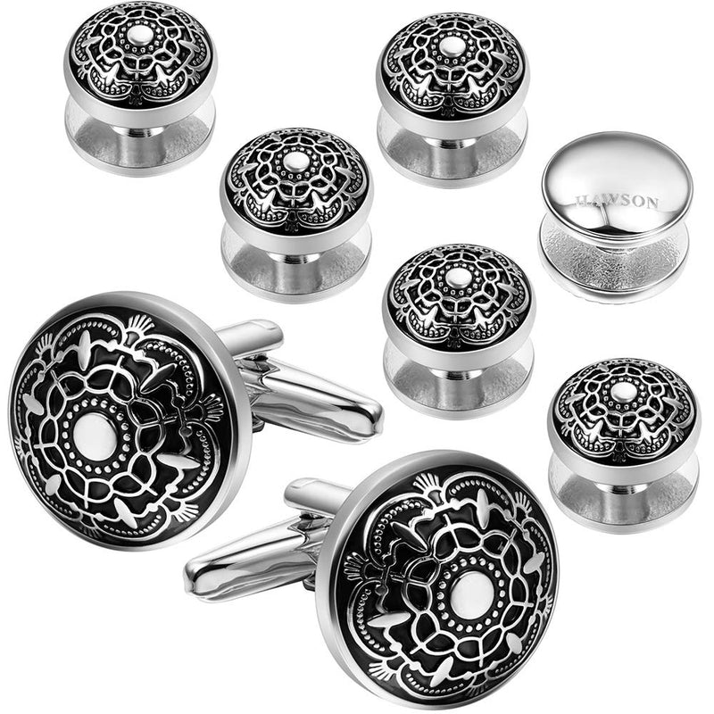 [Australia] - HAWSON Cufflinks and Tuxedo Shirt Studs Set for Men, Black Imitation Pearl Cufflinks for Men and Women Silver with Black 