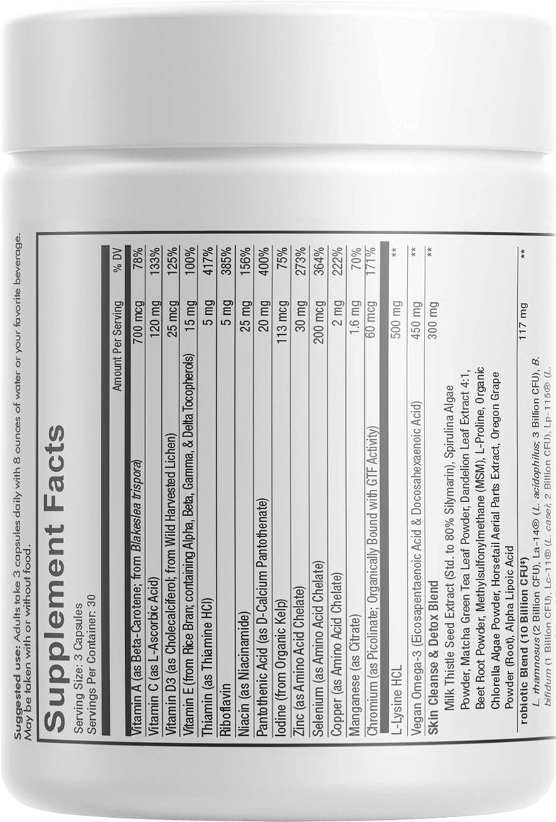 [Australia] - Codeage Clearface Pantothenic Acid, Niacin Supplement, Vitamins A, C, D3, E, Probiotics, Zinc, Riboflavin, Thiamin, L-Lysine HCL & Omega-3, Niacinamide, Skin Botanical Blend - Non-GMO - 90 Capsules White 