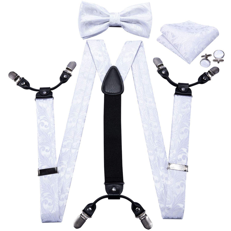 [Australia] - YOHOWA Suspenders for Men 6 Clips Strength Adjustable Y Braces Paisley Pre-tied Bow Tie Hankerchief Cufflinks Set Formal White 