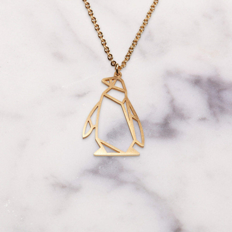 [Australia] - La Menagerie Penguin Gold Origami Jewelry & Gold Geometric Necklace – 18 Karat Plated Gold Necklace & Penguin Necklaces for Women – Penguin Necklace for Girls & Origami Necklace 