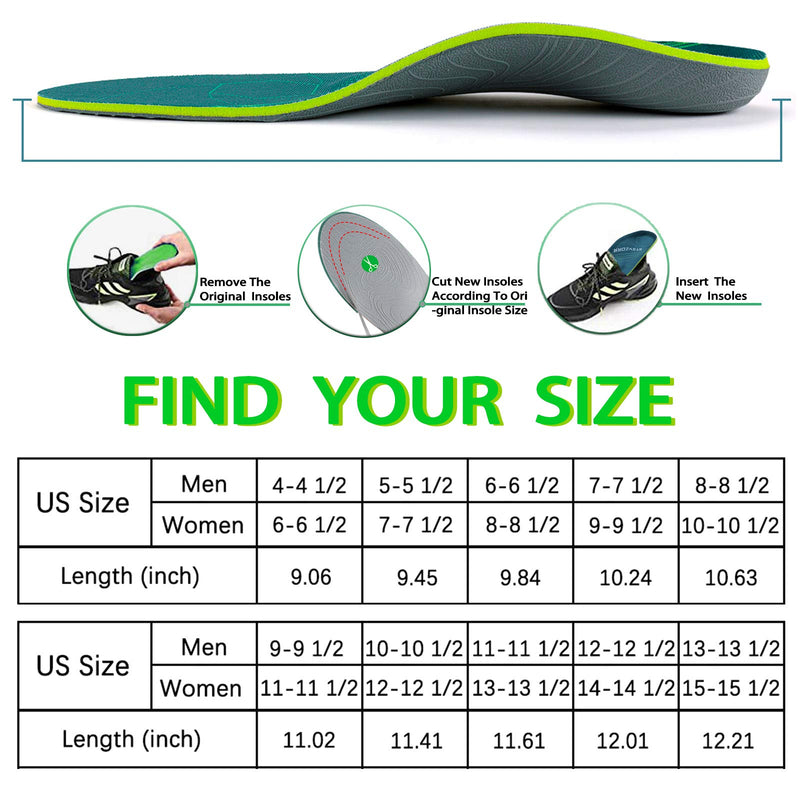 [Australia] - Medium Arch Support Orthopedic Insoles Plantar Fasciitis Flat Feet Heel Pain Comfortable Insert MEN (5-5 1/2) | WOMEN (7-7 1/2) --240MM-9.45" Green 